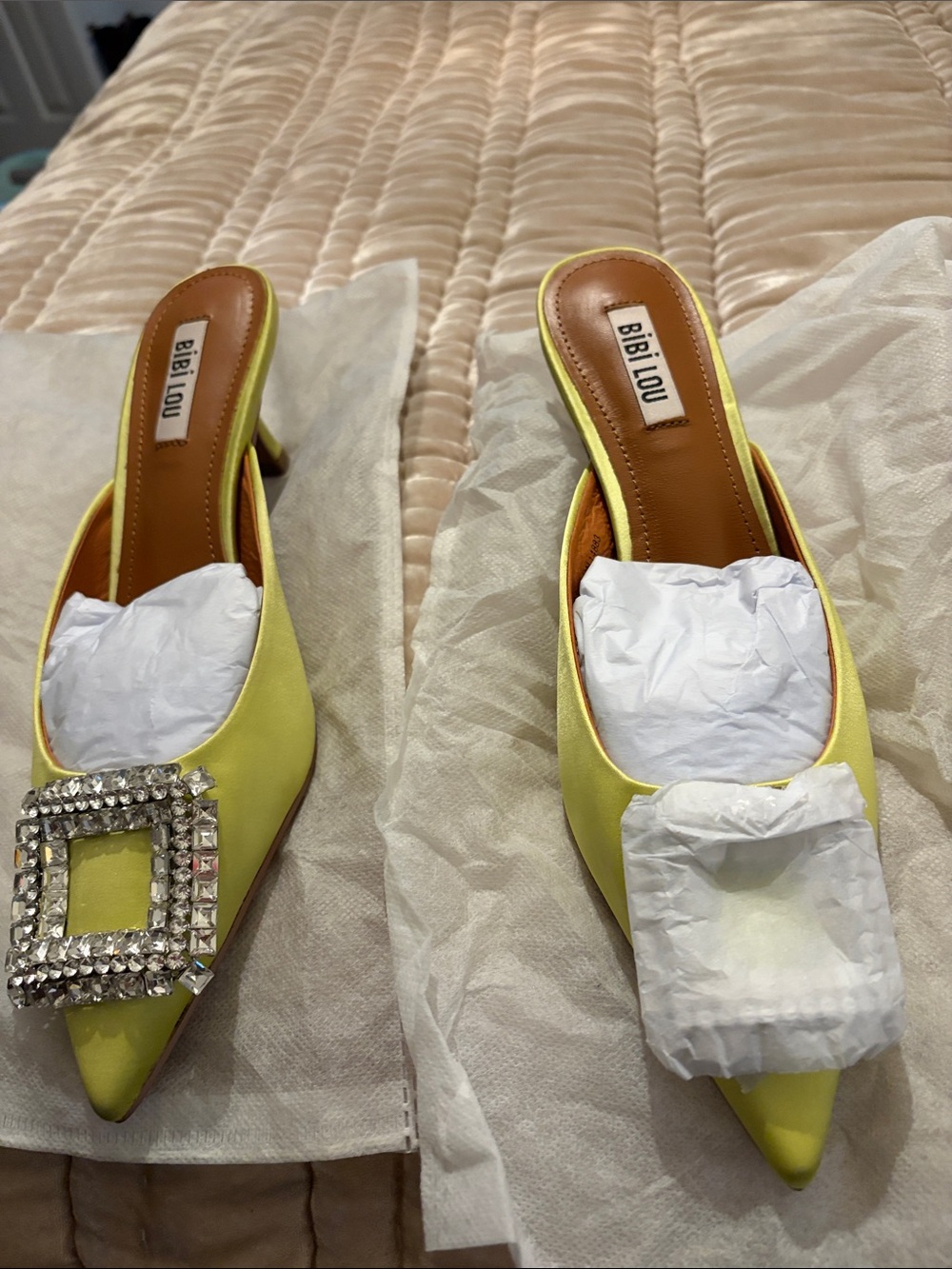 Anthropologie BiBi Lou lime green Satin Pointed Toe Mules with Crystal Buckle